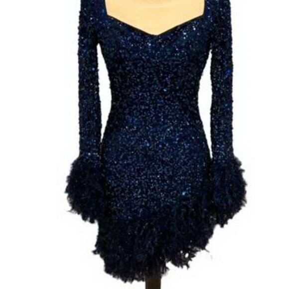 ASOS Luxe Navy Blue Sequin Faux Feather Heart Cut Out Back Mini Dress - Picture 3 of 3